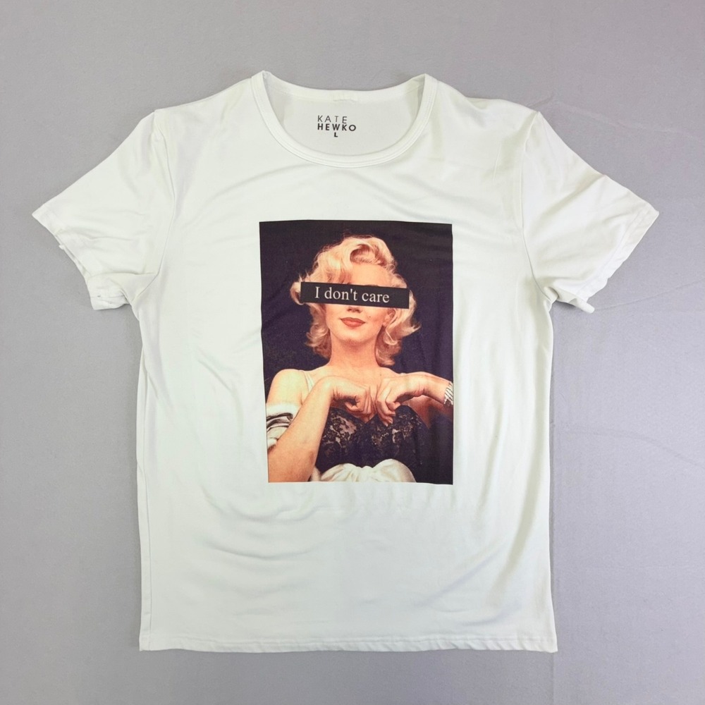 Kate Hewko Graphic Tee Women L White Marilyn Monroe I Don't Care Short Sleeve